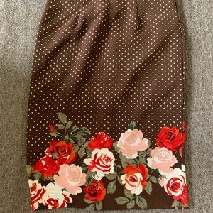 Brown pok-a-dot & floral pencil skirt